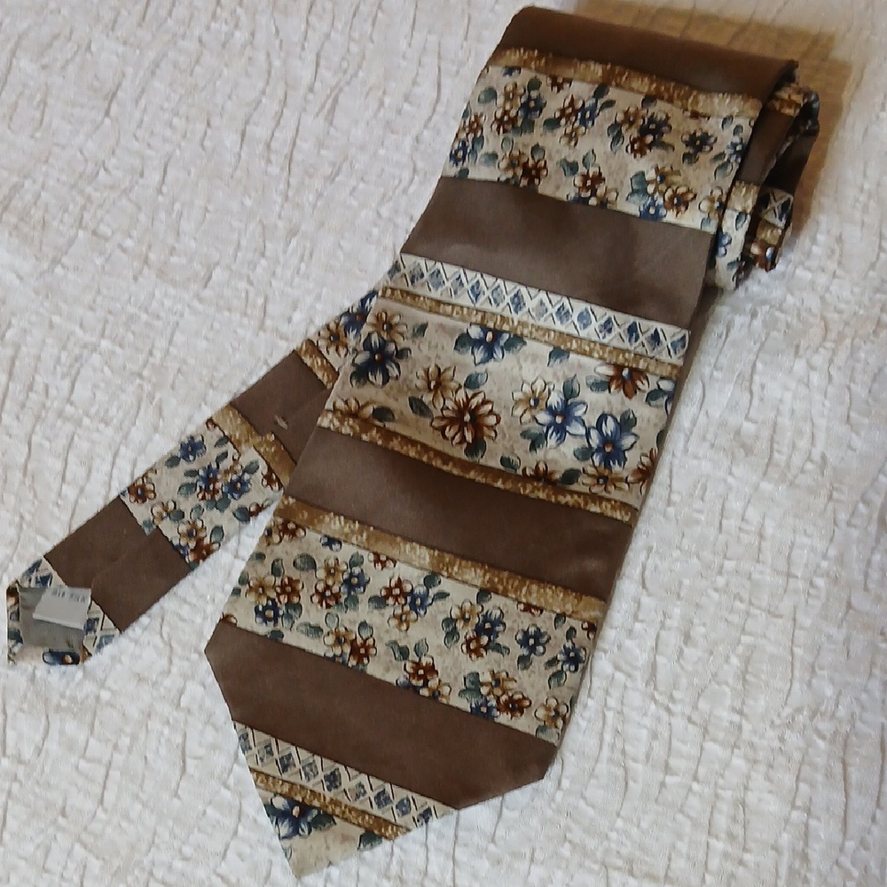 Vintage Pierre Cardin Floral Brown and Cream Tie All Silk